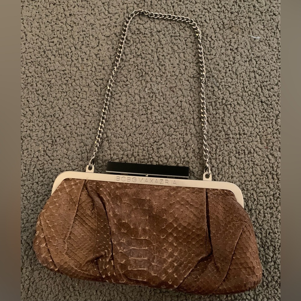 BGBGMAXAZARIA Brown Embossed Clutch BAG with Silvertone Chain Black clasp